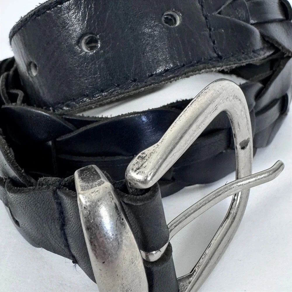 Retro Woven Black Real Leather Belt Mens 34 Preppy Dark Academia